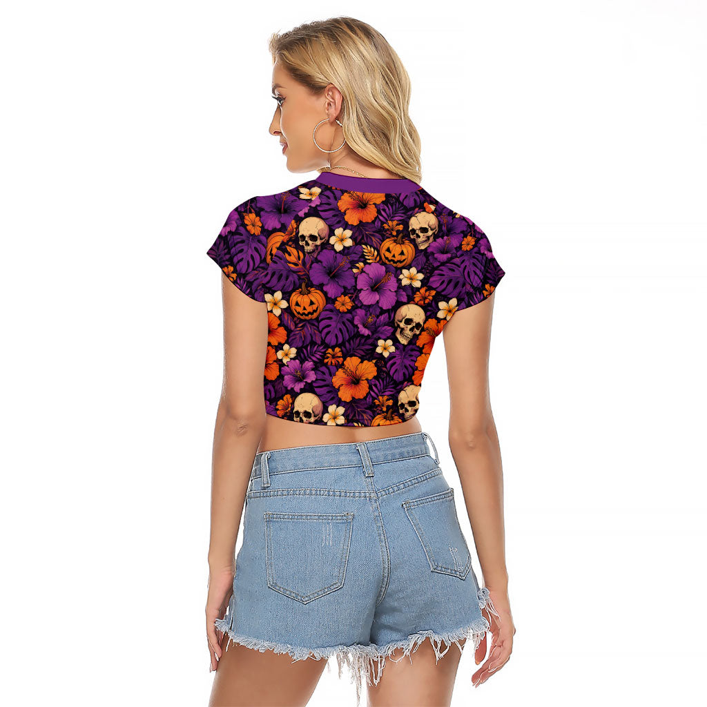 Hawaii Halloween Raglan Cropped T Shirt Skeleton Pumpkin Hawaiian Flower Tribal DT05 - Polynesian Pride
