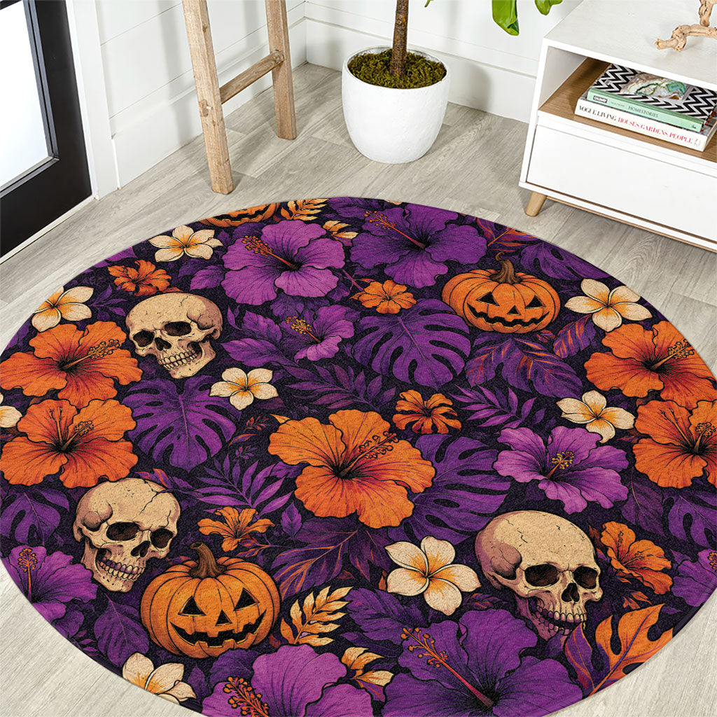 Hawaii Halloween Round Carpet Skeleton Pumpkin Hawaiian Flower Tribal DT05 Purple - Polynesian Pride
