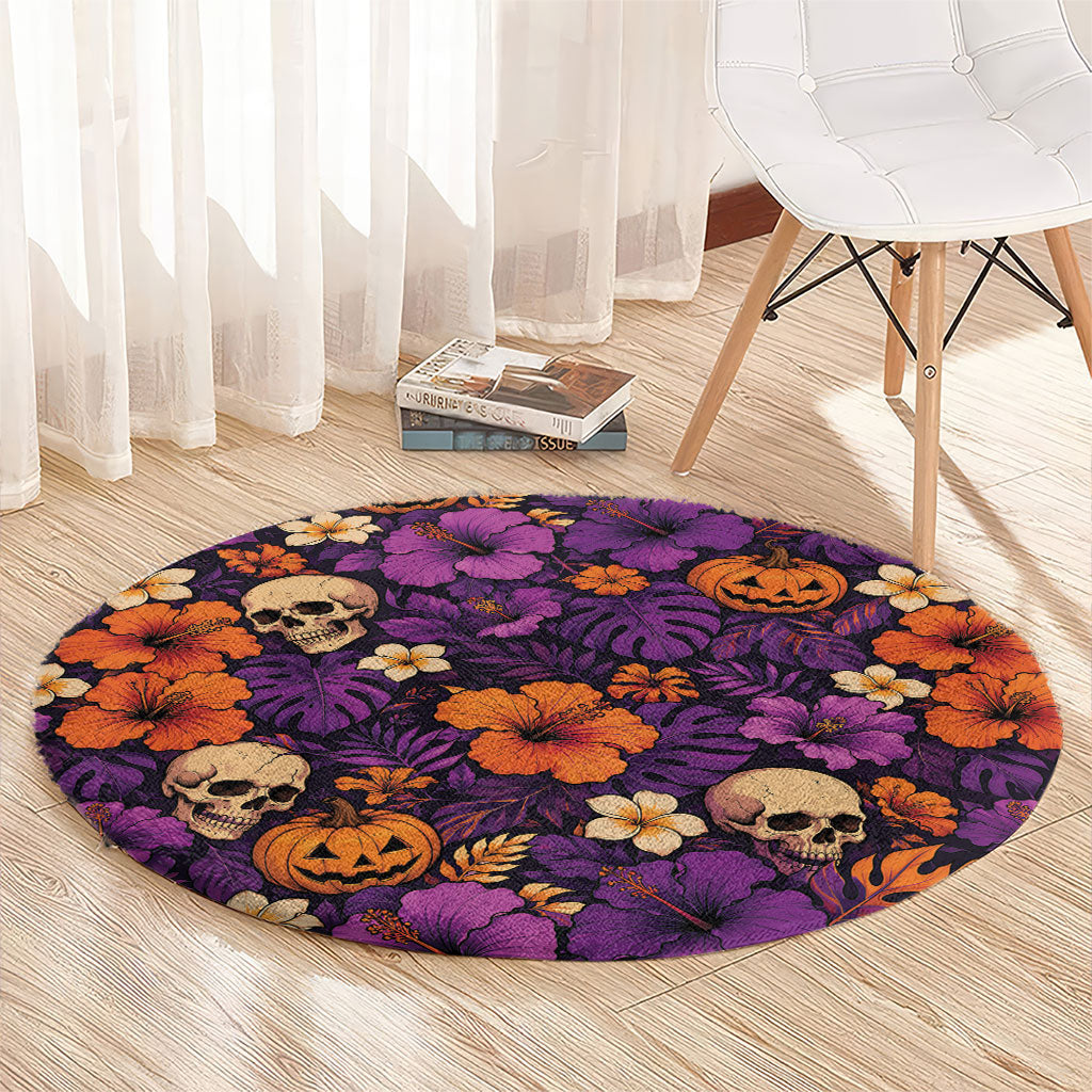 Hawaii Halloween Round Carpet Skeleton Pumpkin Hawaiian Flower Tribal DT05 - Polynesian Pride
