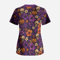 Hawaii Halloween Scrub Top Skeleton Pumpkin Hawaiian Flower Tribal DT05 - Polynesian Pride