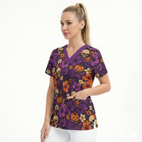 Hawaii Halloween Scrub Top Skeleton Pumpkin Hawaiian Flower Tribal DT05 - Polynesian Pride