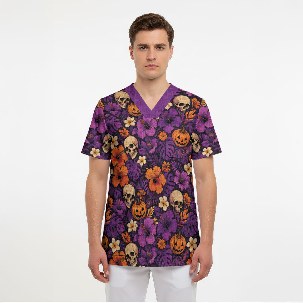 Hawaii Halloween Scrub Top Skeleton Pumpkin Hawaiian Flower Tribal DT05 - Polynesian Pride