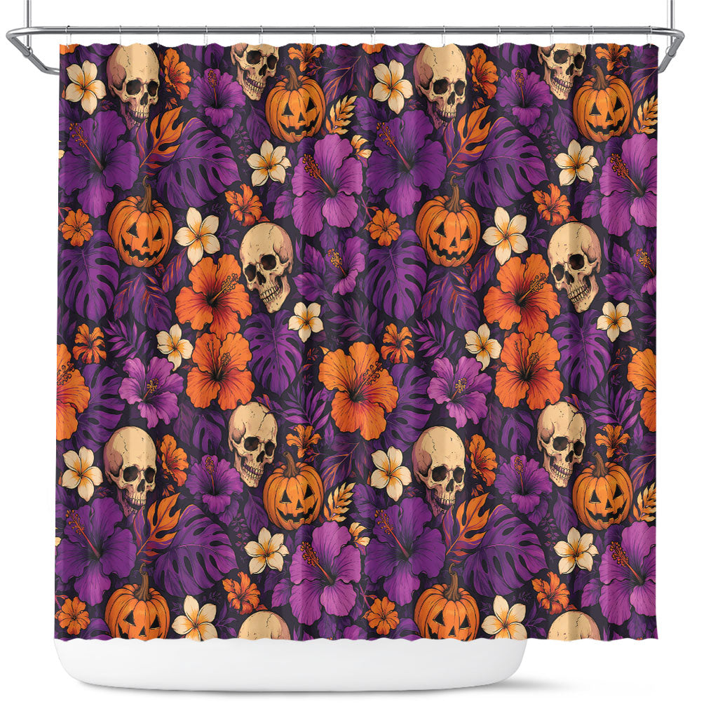 Hawaii Halloween Shower Curtain Skeleton Pumpkin Hawaiian Flower Tribal DT05 Purple - Polynesian Pride
