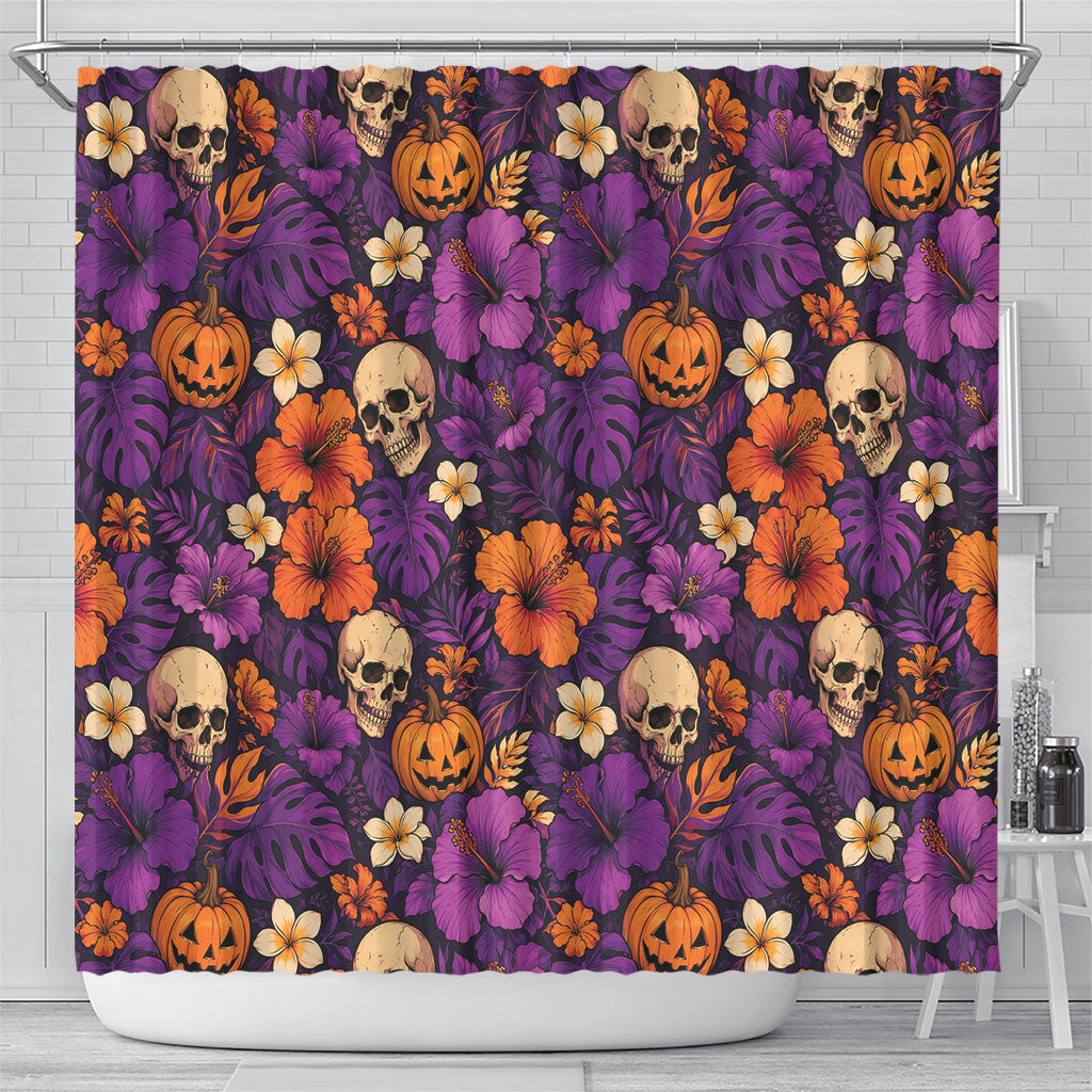 Hawaii Halloween Shower Curtain Skeleton Pumpkin Hawaiian Flower Tribal DT05 - Polynesian Pride