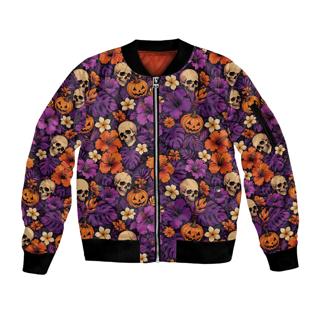 Hawaii Halloween Sleeve Zip Bomber Jacket Skeleton Pumpkin Hawaiian Flower Tribal DT05 Unisex Purple - Polynesian Pride
