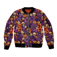 Hawaii Halloween Sleeve Zip Bomber Jacket Skeleton Pumpkin Hawaiian Flower Tribal DT05 Unisex Purple - Polynesian Pride