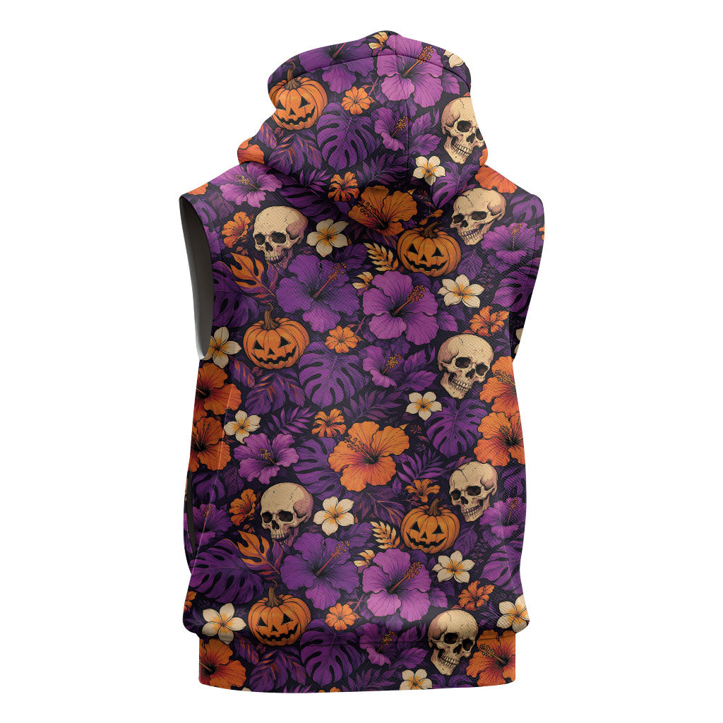 Hawaii Halloween Sleeveless Hoodie Skeleton Pumpkin Hawaiian Flower Tribal DT05 - Polynesian Pride