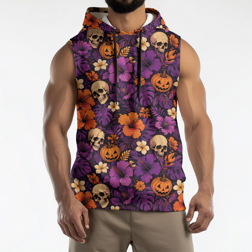 Hawaii Halloween Sleeveless Hoodie Skeleton Pumpkin Hawaiian Flower Tribal DT05 - Polynesian Pride
