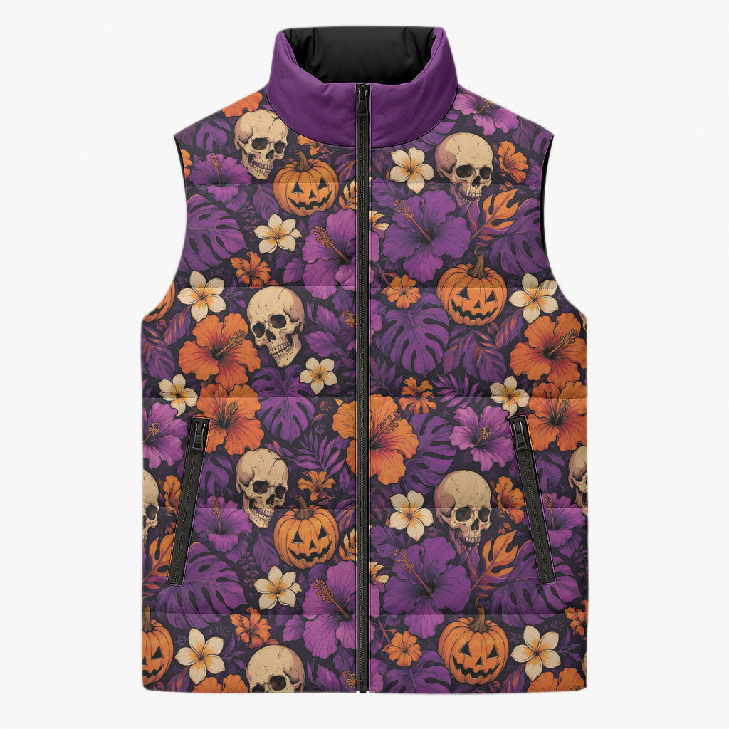 Hawaii Halloween Sleeveless Puffer Jacket Skeleton Pumpkin Hawaiian Flower Tribal DT05 Unisex Purple - Polynesian Pride