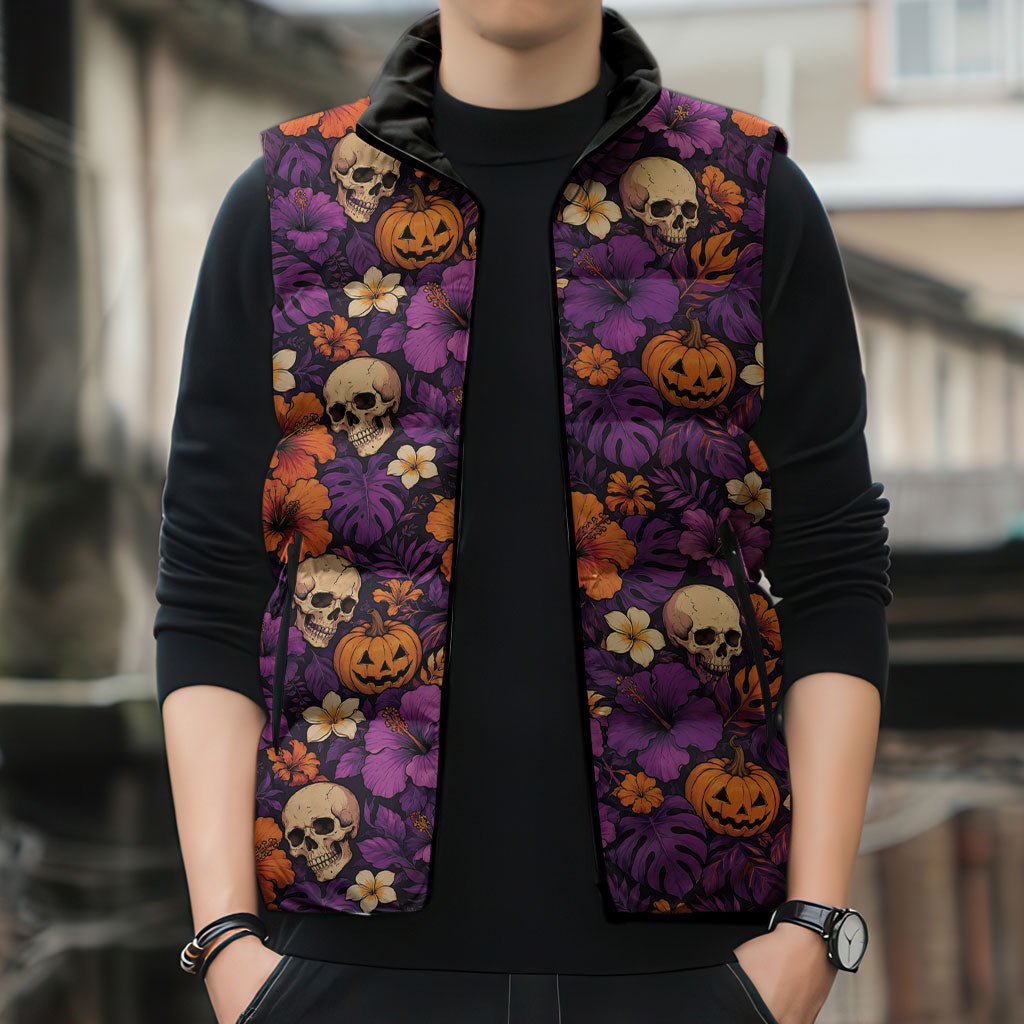 Hawaii Halloween Sleeveless Puffer Jacket Skeleton Pumpkin Hawaiian Flower Tribal DT05 - Polynesian Pride