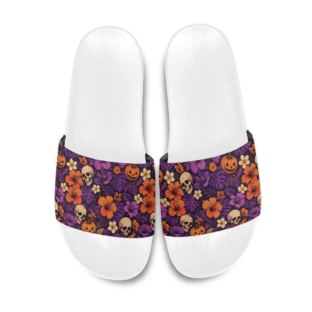 Hawaii Halloween Slide Sandals Skeleton Pumpkin Hawaiian Flower Tribal DT05 Purple - Polynesian Pride
