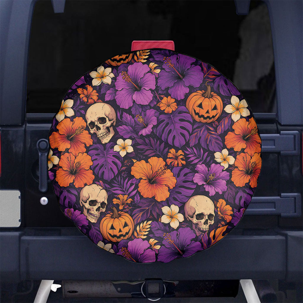 Hawaii Halloween Spare Tire Cover Skeleton Pumpkin Hawaiian Flower Tribal DT05 No hole Purple - Polynesian Pride