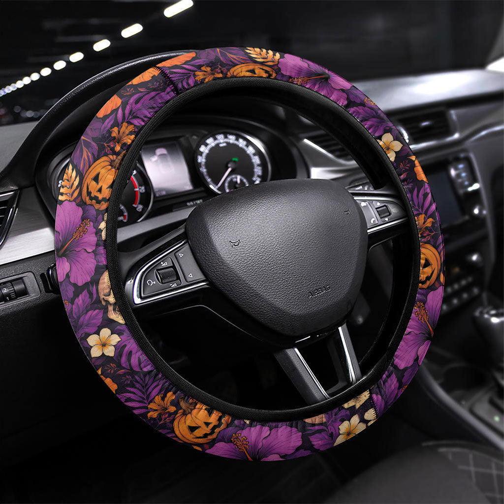Hawaii Halloween Steering Wheel Cover Skeleton Pumpkin Hawaiian Flower Tribal DT05 Universal Fit Purple - Polynesian Pride