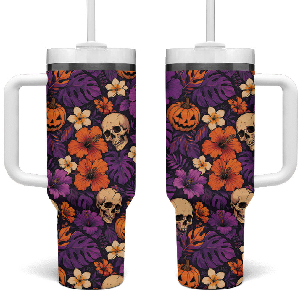 Hawaii Halloween Tumbler With Handle Skeleton Pumpkin Hawaiian Flower Tribal DT05 One Size: 40 oz Purple - Polynesian Pride