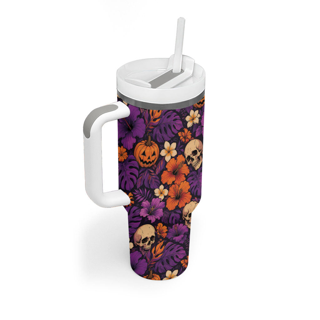 Hawaii Halloween Tumbler With Handle Skeleton Pumpkin Hawaiian Flower Tribal DT05 - Polynesian Pride