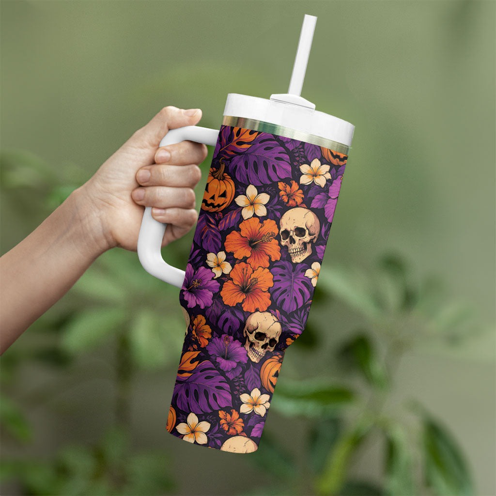 Hawaii Halloween Tumbler With Handle Skeleton Pumpkin Hawaiian Flower Tribal DT05 - Polynesian Pride