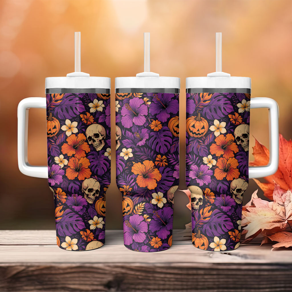 Hawaii Halloween Tumbler With Handle Skeleton Pumpkin Hawaiian Flower Tribal DT05 - Polynesian Pride