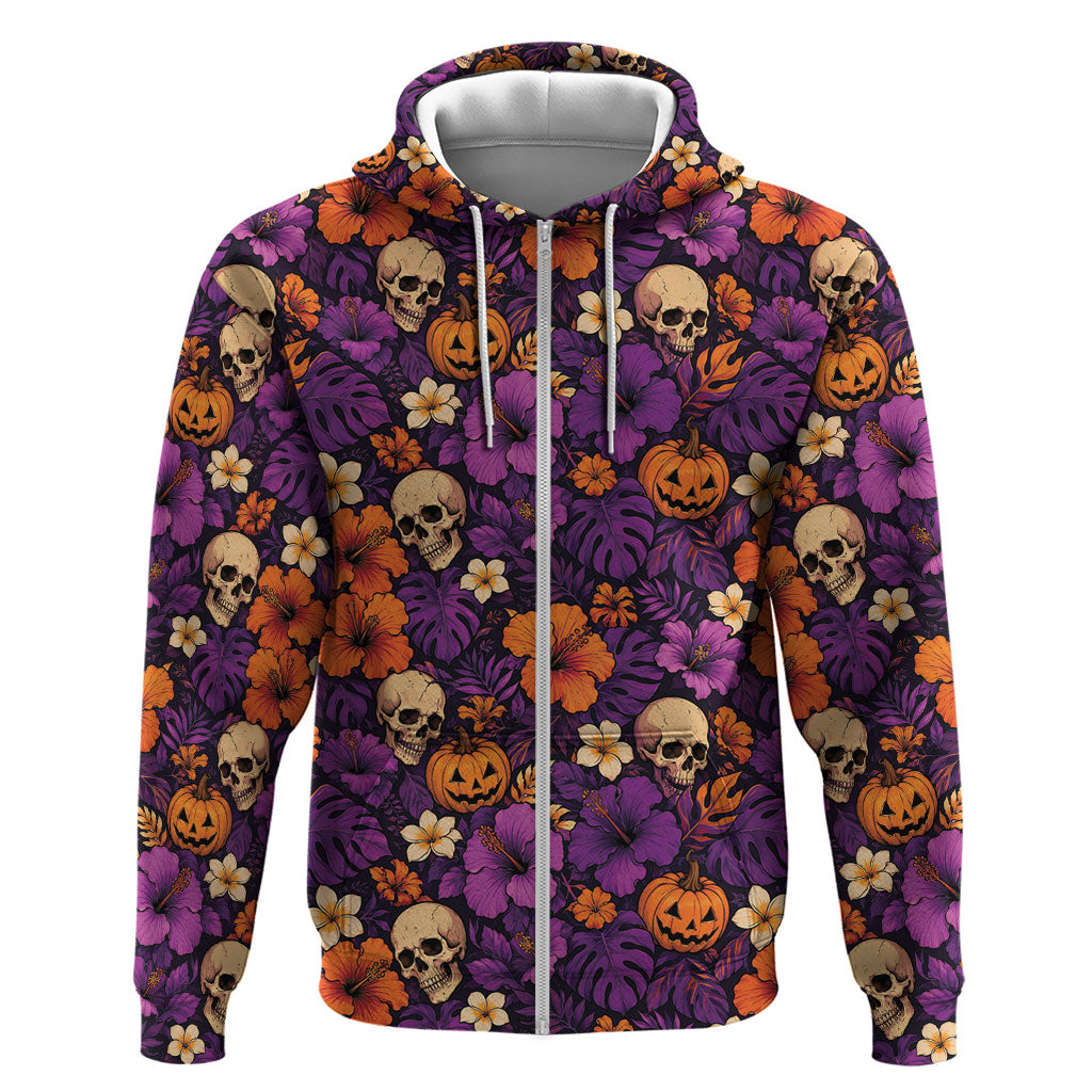 Hawaii Halloween Zip Hoodie Skeleton Pumpkin Hawaiian Flower Tribal DT05 Zip Hoodie Purple - Polynesian Pride