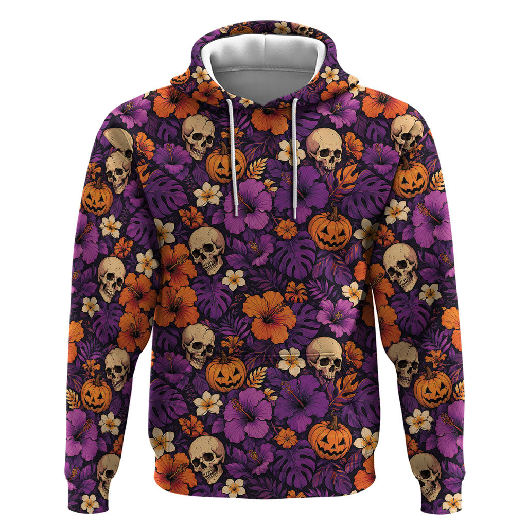 Hawaii Halloween Zip Hoodie Skeleton Pumpkin Hawaiian Flower Tribal DT05 Pullover Hoodie Purple - Polynesian Pride