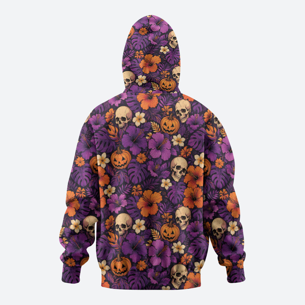 Hawaii Halloween Zip Hoodie Skeleton Pumpkin Hawaiian Flower Tribal DT05 - Polynesian Pride
