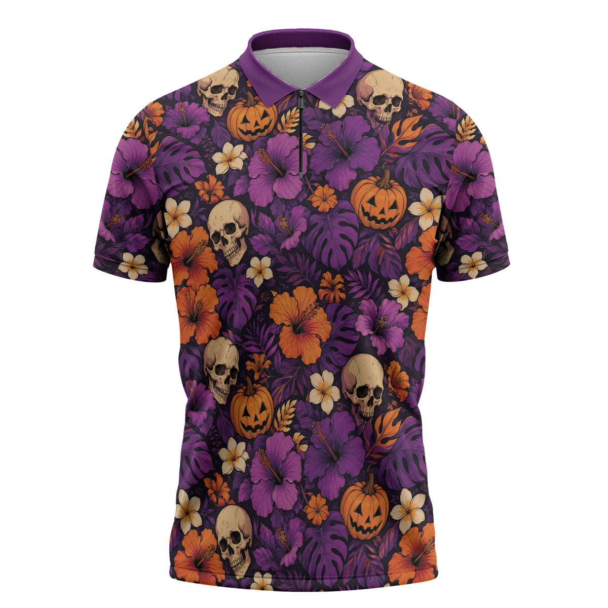 Hawaii Halloween Zipper Polo Shirt Skeleton Pumpkin Hawaiian Flower Tribal DT05 Purple - Polynesian Pride
