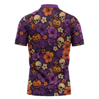 Hawaii Halloween Zipper Polo Shirt Skeleton Pumpkin Hawaiian Flower Tribal DT05 - Polynesian Pride