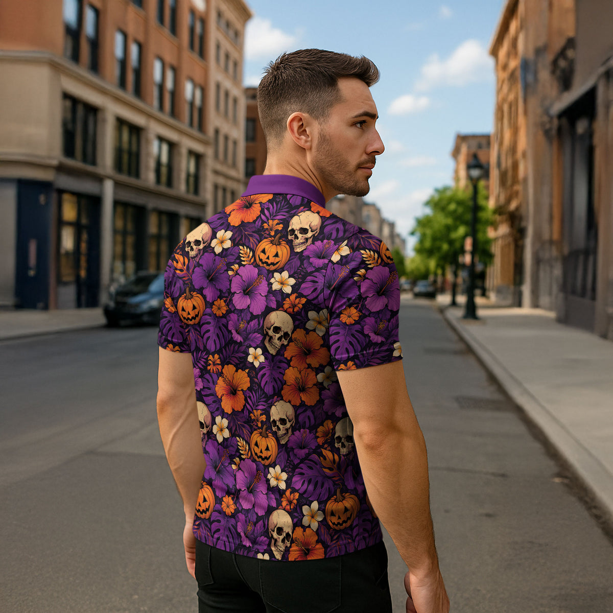 Hawaii Halloween Zipper Polo Shirt Skeleton Pumpkin Hawaiian Flower Tribal DT05 - Polynesian Pride