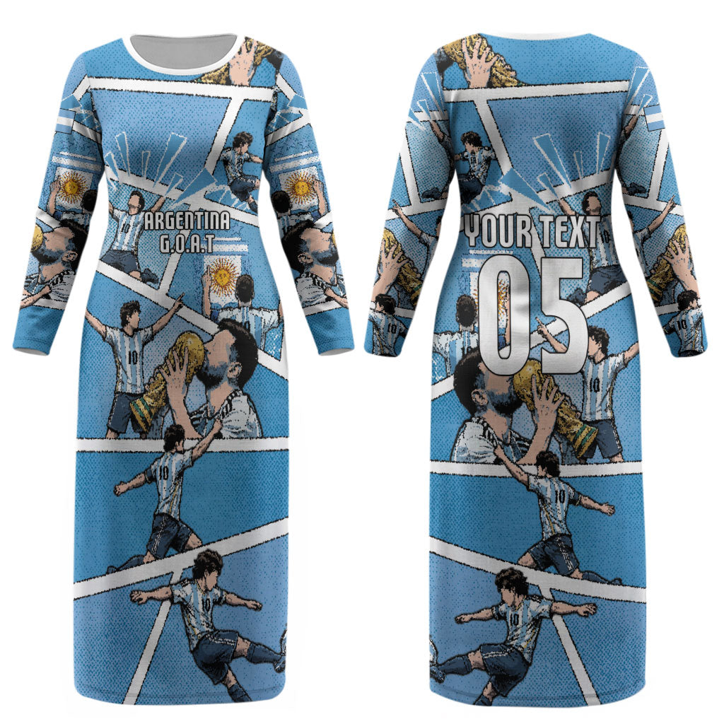 Custom Argentina Football Couples Matching Long Sleeve Bodycon Dress and Hawaiian Shirt Goat Comic Style Sun Of May