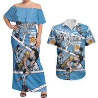 Custom Argentina Football Couples Matching Off Shoulder Maxi Dress and Hawaiian Shirt Goat Comic Style Sun Of May