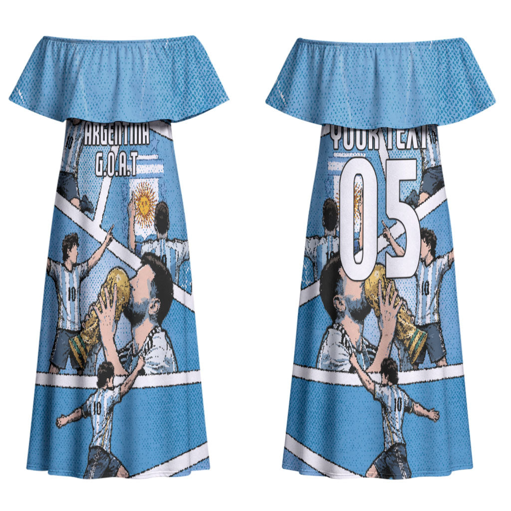 Custom Argentina Football Couples Matching Off Shoulder Maxi Dress and Hawaiian Shirt Goat Comic Style Sun Of May
