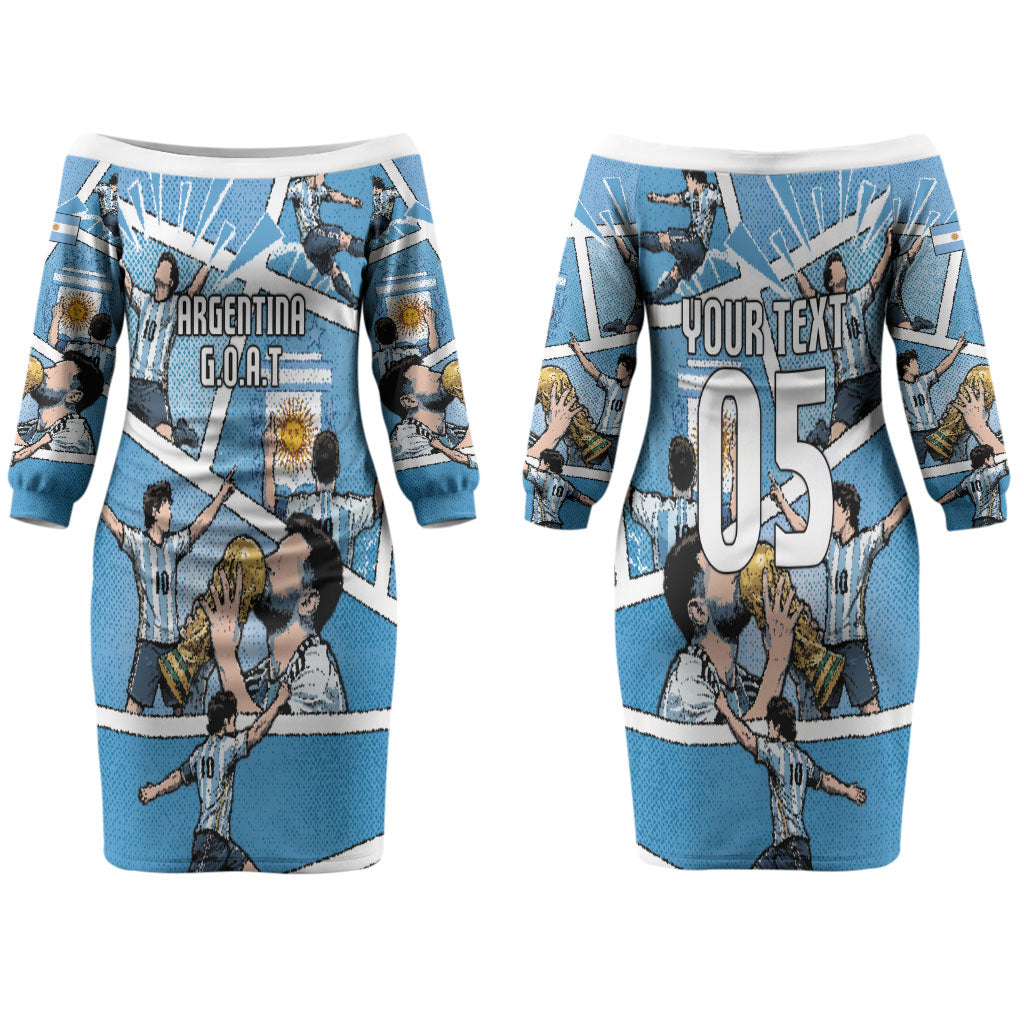 Custom Argentina Football Couples Matching Off The Shoulder Long Sleeve Dress and Hawaiian Shirt Goat Comic Style Sun Of May
