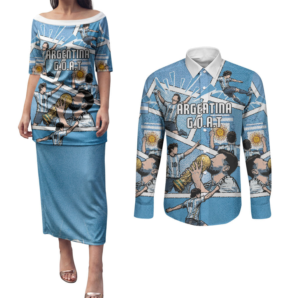 Custom Argentina Football Couples Matching Puletasi and Long Sleeve Button Shirt Goat Comic Style Sun Of May