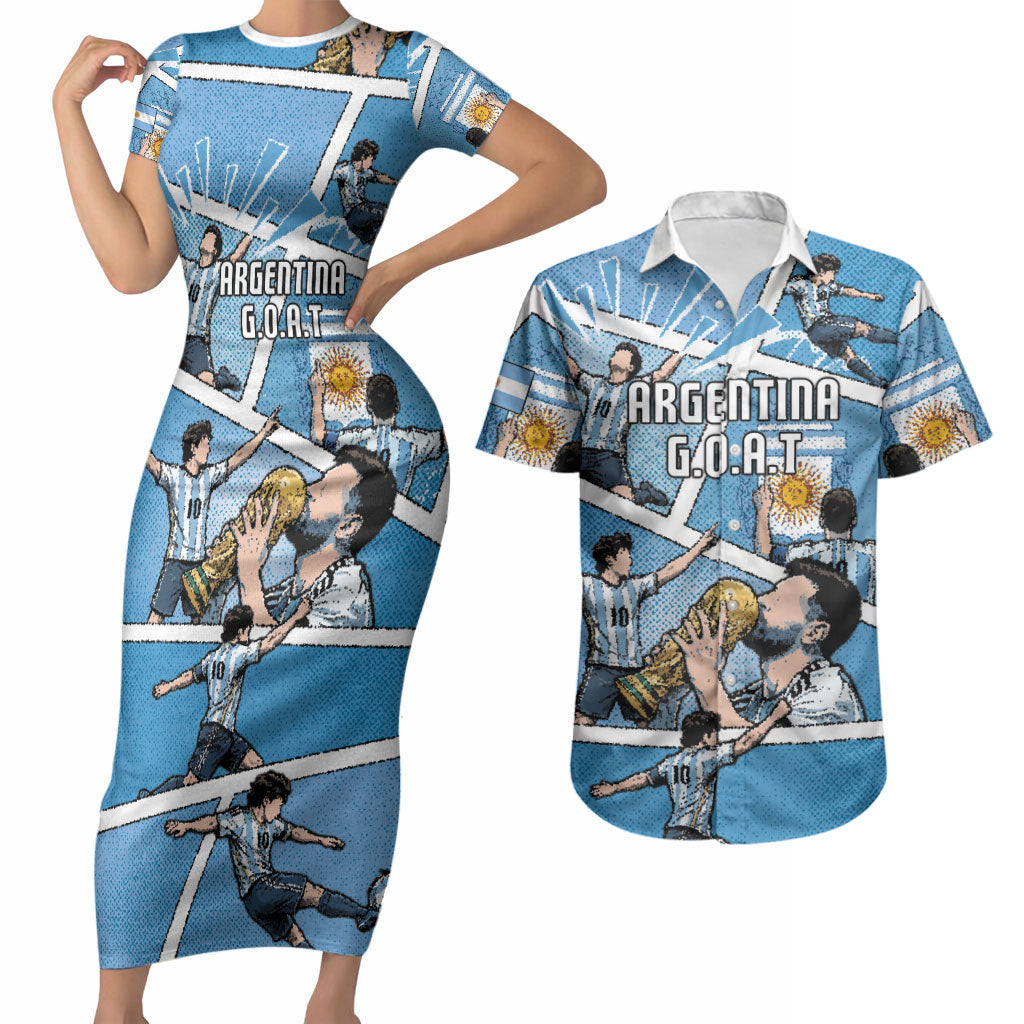 Custom Argentina Football Couples Matching Short Sleeve Bodycon Dress and Hawaiian Shirt Goat Comic Style Sun Of May