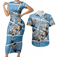 Custom Argentina Football Couples Matching Short Sleeve Bodycon Dress and Hawaiian Shirt Goat Comic Style Sun Of May