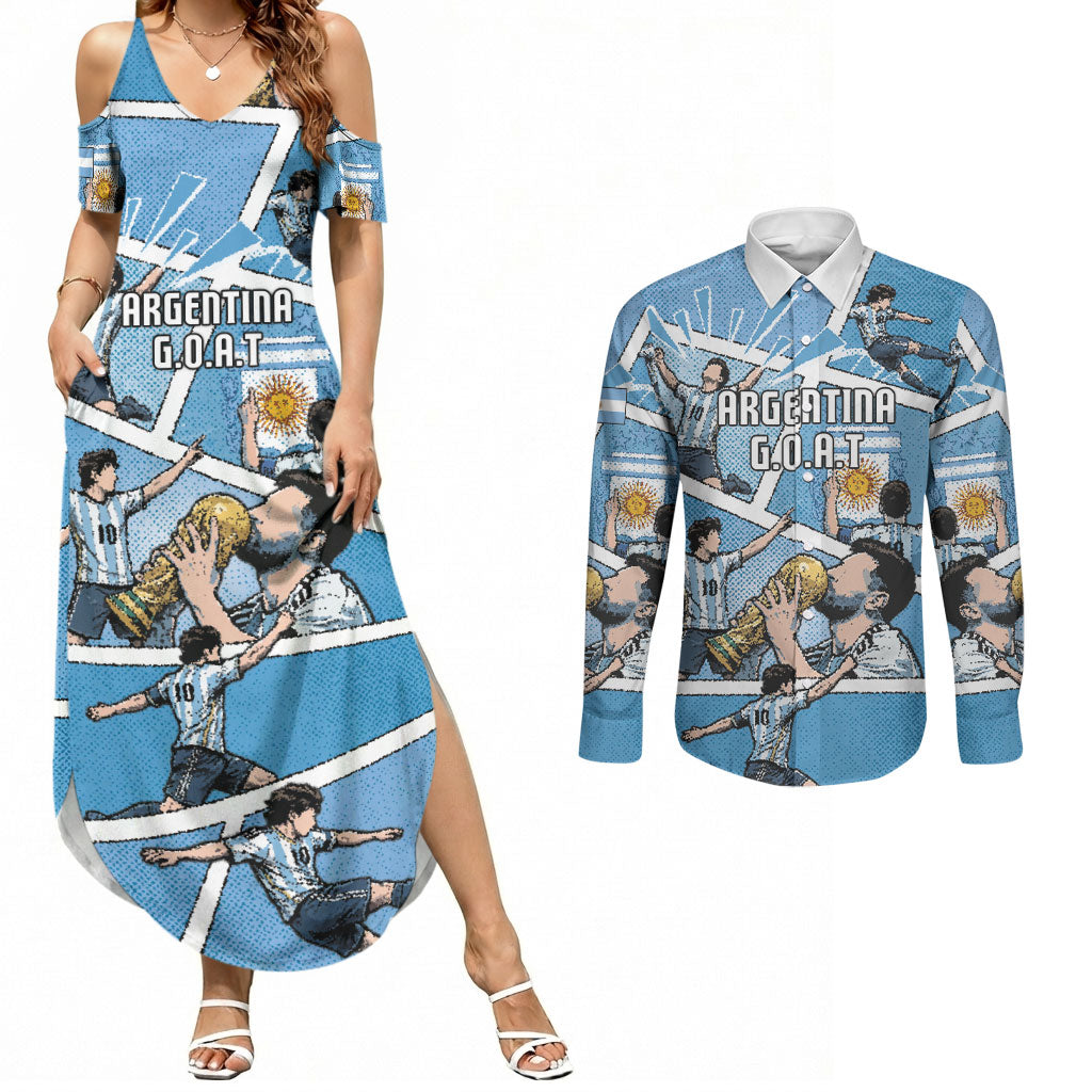Custom Argentina Football Couples Matching Summer Maxi Dress and Long Sleeve Button Shirt Goat Comic Style Sun Of May