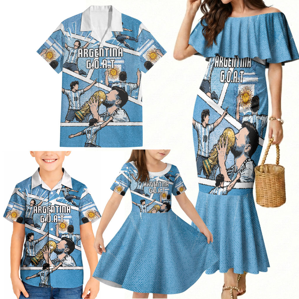 Custom Argentina Football Family Matching Mermaid Dress and Hawaiian Shirt Goat Comic Style Sun Of May DT05 - Polynesian Pride