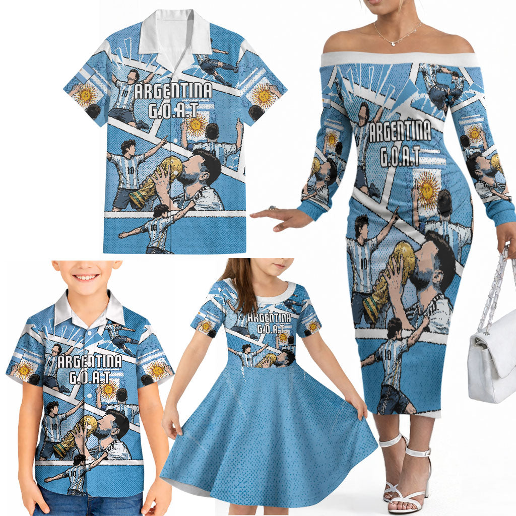 Custom Argentina Football Family Matching Off The Shoulder Long Sleeve Dress and Hawaiian Shirt Goat Comic Style Sun Of May DT05 - Polynesian Pride