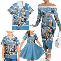 Custom Argentina Football Family Matching Off The Shoulder Long Sleeve Dress and Hawaiian Shirt Goat Comic Style Sun Of May DT05 - Polynesian Pride