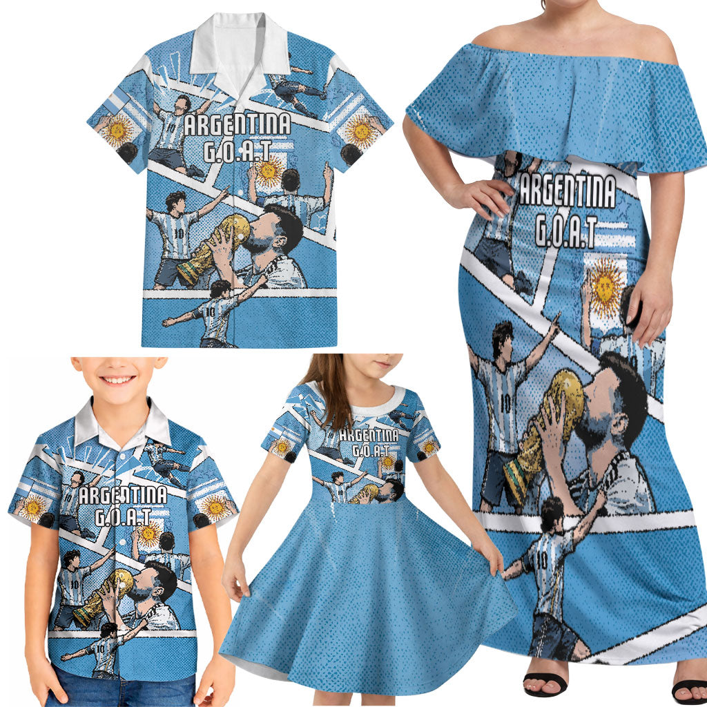 Custom Argentina Football Family Matching Off Shoulder Maxi Dress and Hawaiian Shirt Goat Comic Style Sun Of May