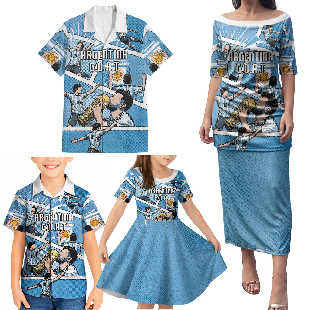 Custom Argentina Football Family Matching Puletasi and Hawaiian Shirt Goat Comic Style Sun Of May