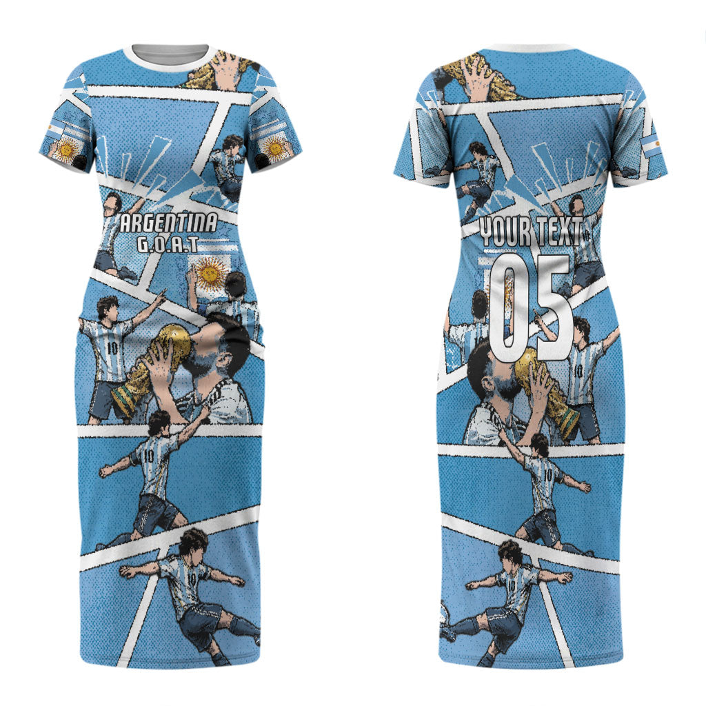 Custom Argentina Football Family Matching Short Sleeve Bodycon Dress and Hawaiian Shirt Goat Comic Style Sun Of May