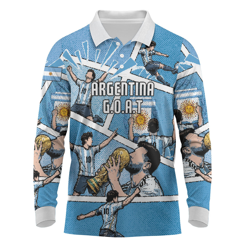 Custom Argentina Football Long Sleeve Polo Shirt Goat Comic Style Sun Of May