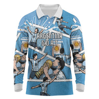Custom Argentina Football Long Sleeve Polo Shirt Goat Comic Style Sun Of May
