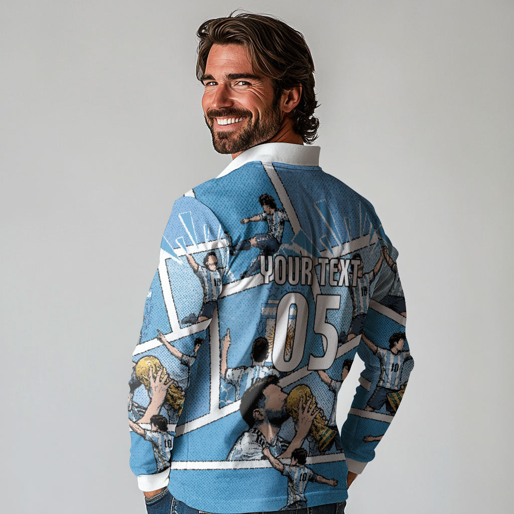 Custom Argentina Football Long Sleeve Polo Shirt Goat Comic Style Sun Of May