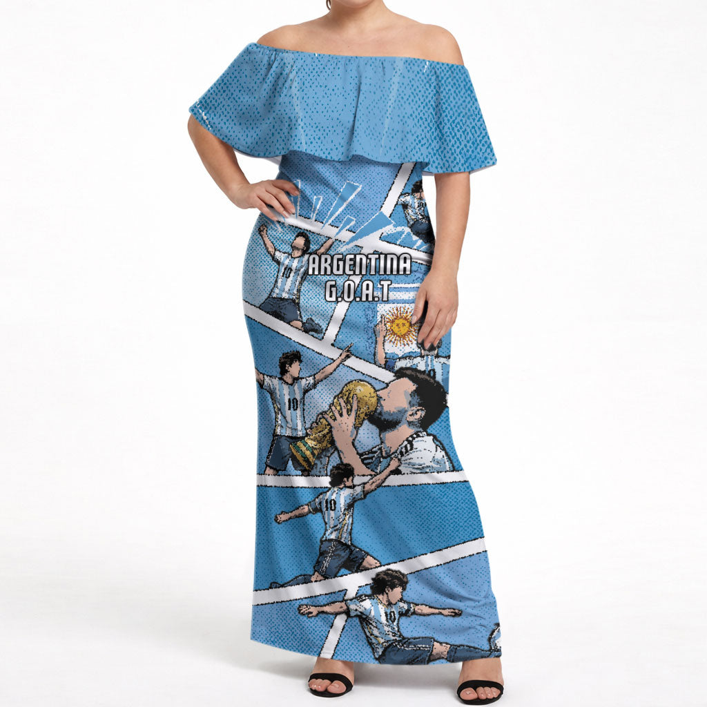 Custom Argentina Football Off Shoulder Maxi Dress Goat Comic Style Sun Of May