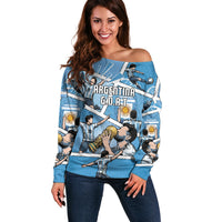 Custom Argentina Football Off Shoulder Sweater Goat Comic Style Sun Of May