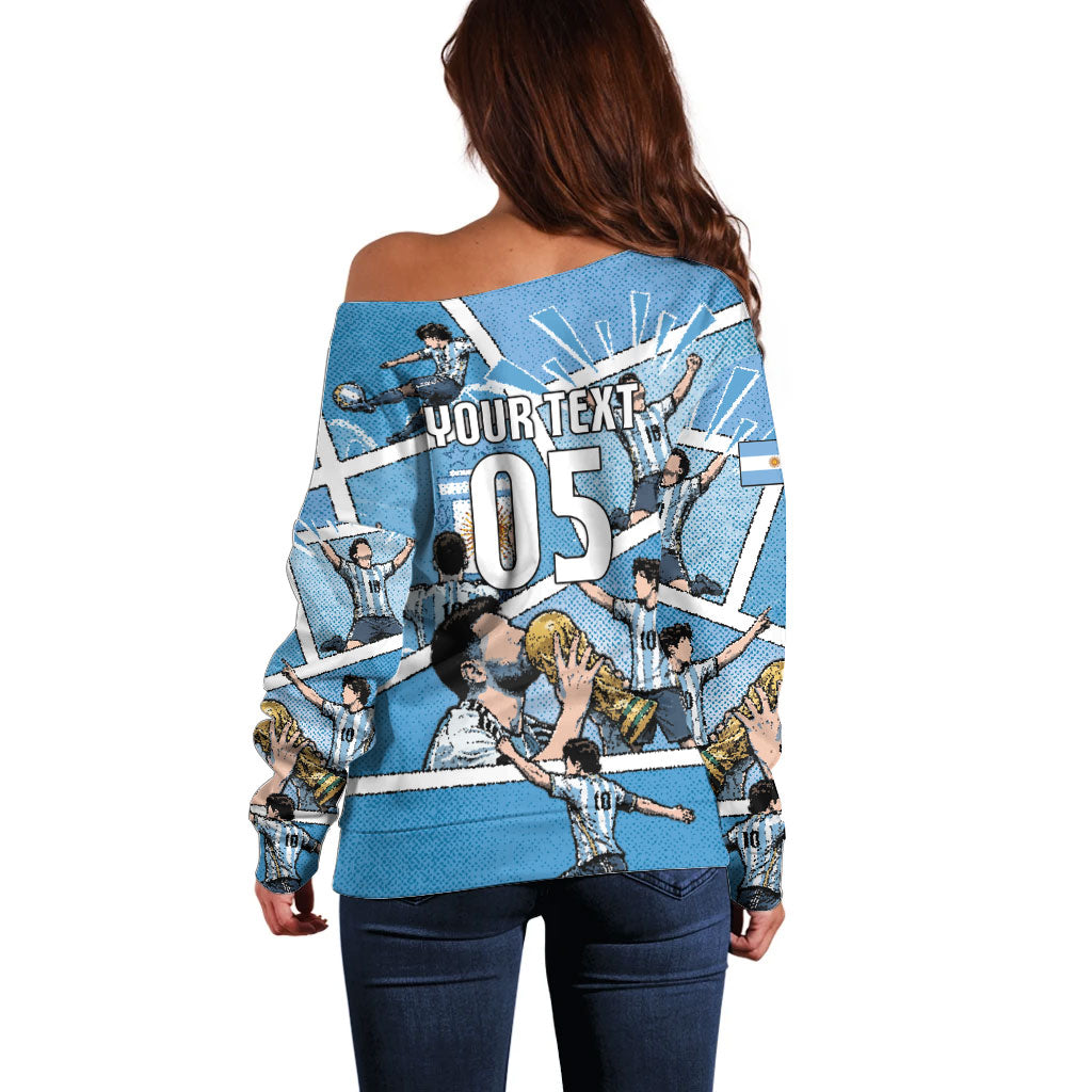 Custom Argentina Football Off Shoulder Sweater Goat Comic Style Sun Of May