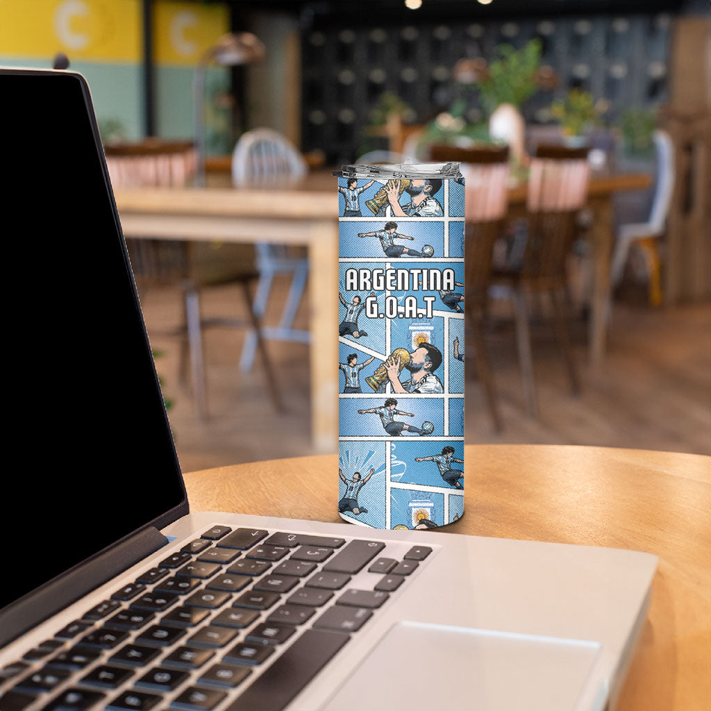 Custom Argentina Football Skinny Tumbler Goat Comic Style Sun Of May