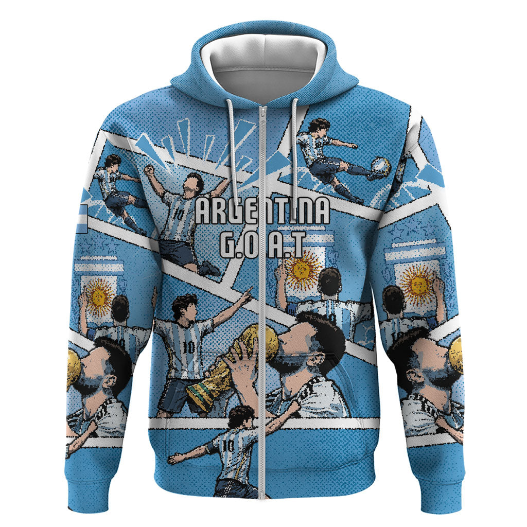 Custom Argentina Football Zip Hoodie Goat Comic Style Sun Of May