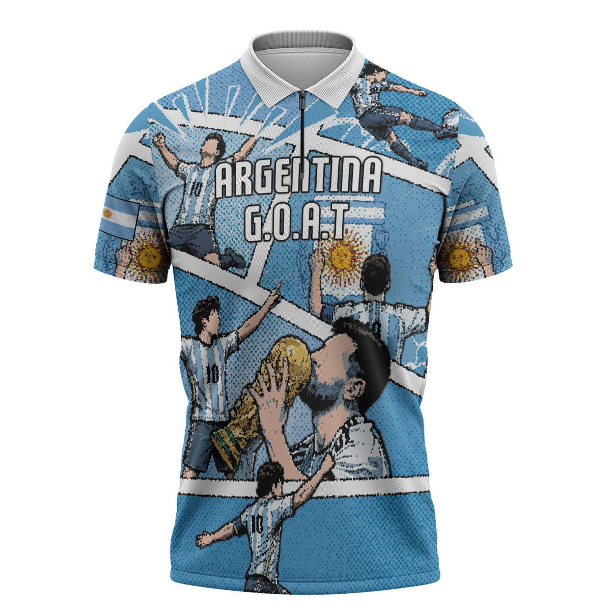 Custom Argentina Football Zipper Polo Shirt Goat Comic Style Sun Of May
